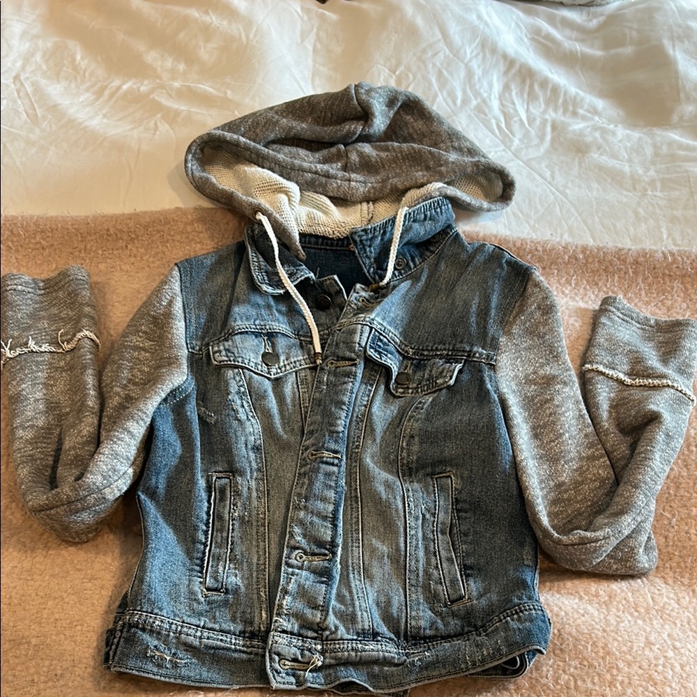 Denim and Gray Hooded Jacket